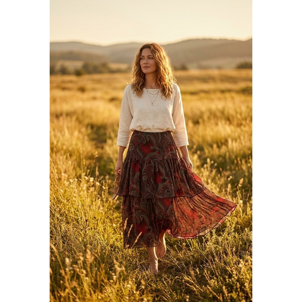 Lauren Ralph Lauren Paisley Plaid Tiered Maxi Skirt Red Black Size 12 NWT